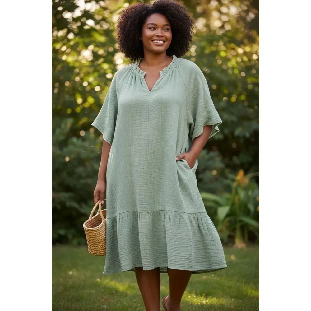 Kervology Sage Green Gauze Lagen Boho Cotton Dress Pocket Swing Women 4XL